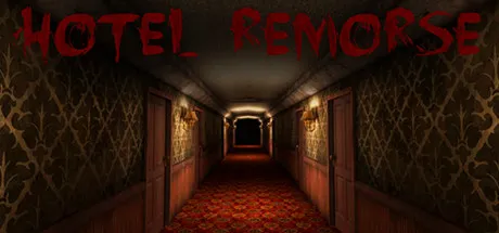 Hotel Remorse key art: the title in dripping red letters over a long lamp-lit hotel corridor