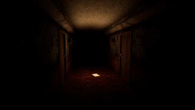 Hotel Remorse screenshot: a dark hotel corridor with patterned wallpaper and half-open doors, a single lit page lying on the red carpet
