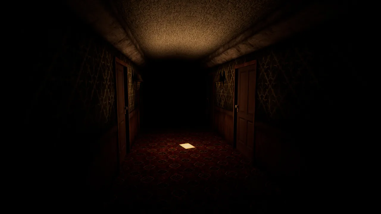 Hotel Remorse screenshot: a dark hotel corridor with patterned wallpaper and half-open doors, a single lit page lying on the red carpet