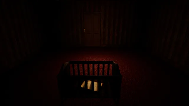 Hotel Remorse screenshot: an empty baby's cot with a lit page inside it in a dark red hotel room