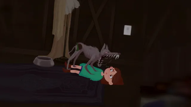 A skeletal dog with bared teeth stands over Tabby lying on a rug in a dark room