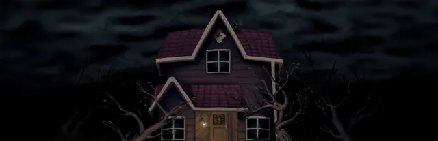 House 2 key art: a small two-storey house with one lit window under dark storm clouds and bare trees