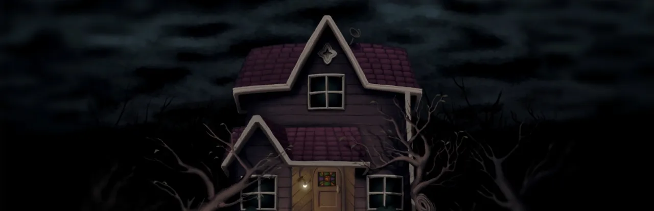 House 2 key art: a small two-storey house with one lit window under dark storm clouds and bare trees