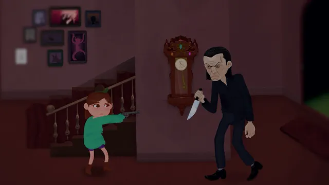 Tabby on the stairs points at a pale man in black holding a knife beside a grandfather clock
