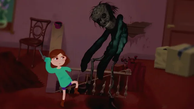 Tabby swings at a tall, rotting long-limbed figure that rises over the banister in a blood-red room
