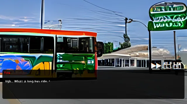 House Hunted screenshot: a bus at a sunny roadside stop under a green sign, with the line Ugh, what a long bus ride