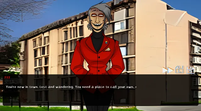 House Hunted screenshot: a grinning grey-haired realtor with white eyes in a red blazer before an apartment block, saying you're new in town