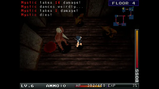 A boss fight on floor 4 against a pale creature, with a combat log and a boss health bar
