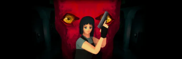 House of Necrosis art: a low-poly woman with a handgun in front of a huge red face with yellow eyes