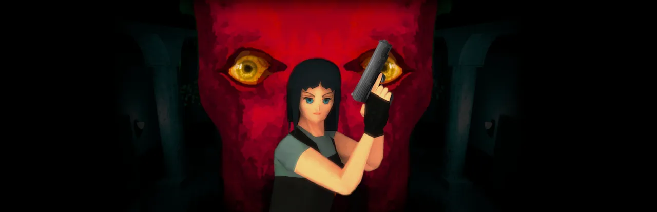 House of Necrosis art: a low-poly woman with a handgun in front of a huge red face with yellow eyes