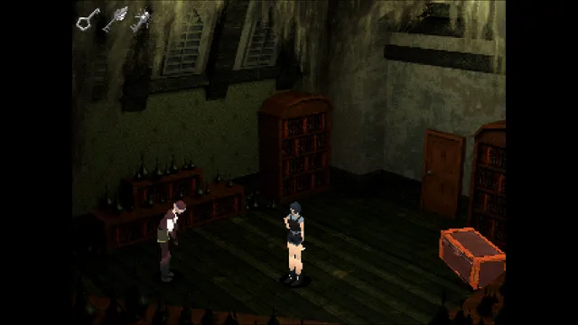 A dim mansion library with bookshelves and a crate as two characters stand in the room