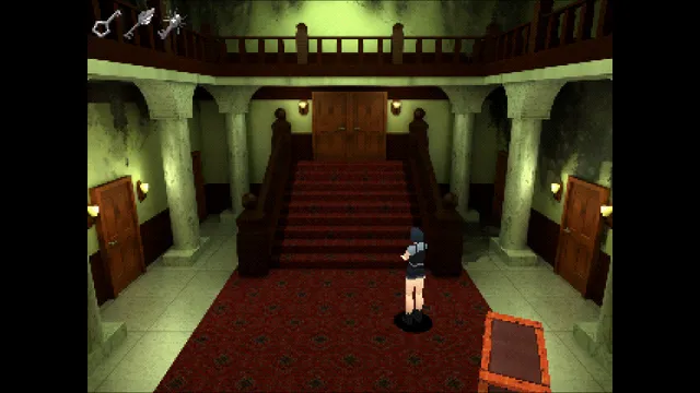 The heroine stands in a mansion hall with a red-carpeted staircase, pillars and doors, in 32-bit 3D
