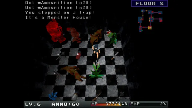 A trap springs a monster house on a checkered floor: the heroine surrounded by red beasts and plants, with ammunition messages above