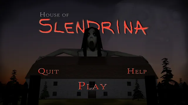 House of Slendrina title screen: Slendrina looms over a white farmhouse at dusk with Play, Help and Quit