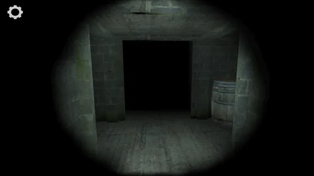 House of Slendrina screenshot: a dark stone cellar doorway with a barrel to one side