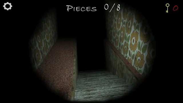 House of Slendrina screenshot: a narrow carpeted staircase between flowered wallpaper in the flashlight's circle