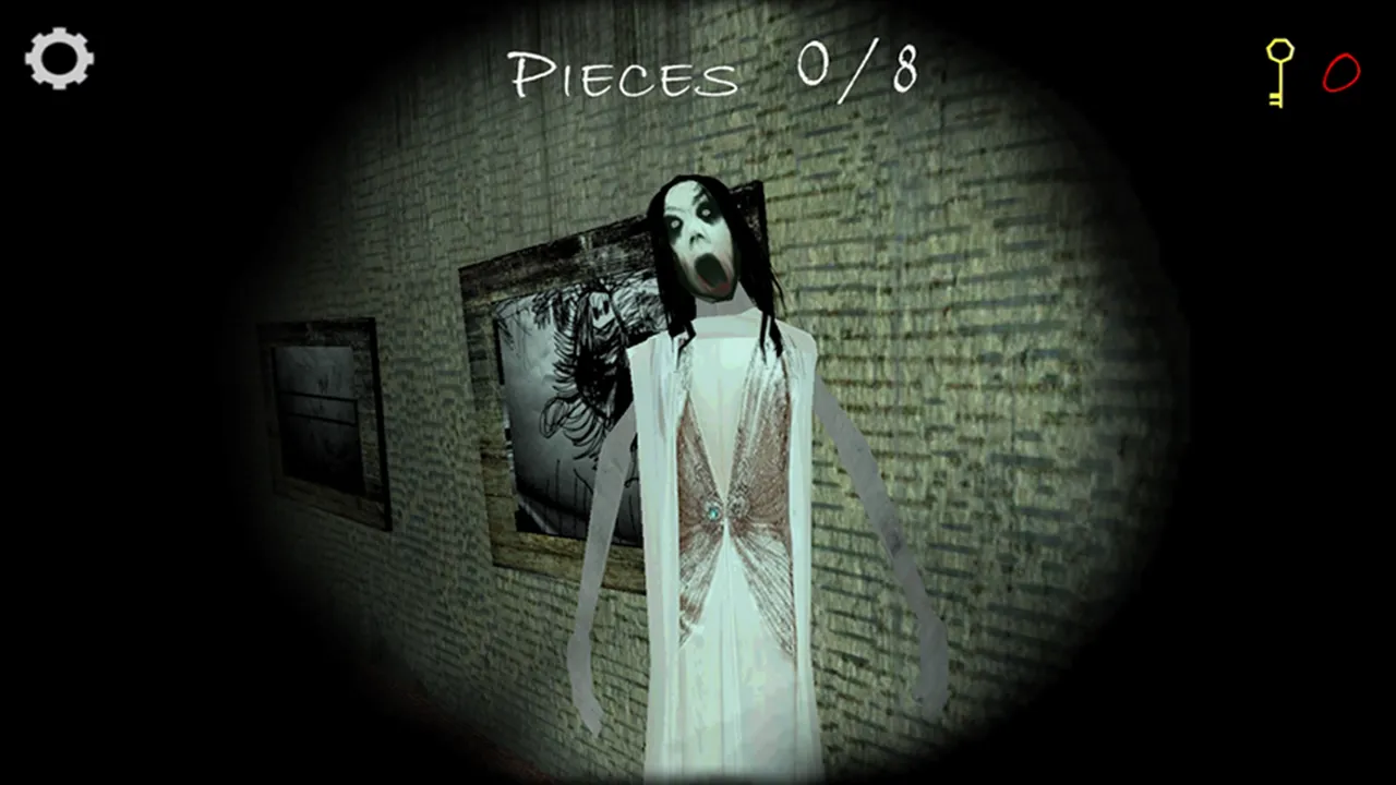 House of Slendrina screenshot: Slendrina, a pale woman with black hair and an open black mouth in a white dress, stands in a flashlit hallway by framed pictures