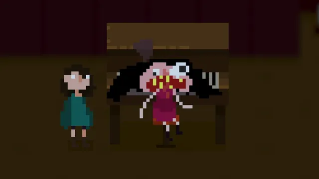 House screenshot: a gory, monstrous figure with a gaping mouth rises behind a table near the girl