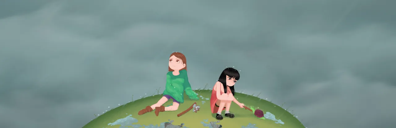 House key art: two girls sitting on a small grassy world under a grey, cloudy sky