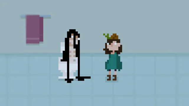 House screenshot: a long-haired, pale figure crouches by the toilet as the girl stands in a tiled bathroom
