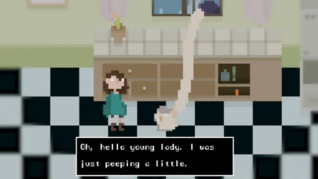 House screenshot: a long pale arm stretches into a chequered kitchen, saying it was just peeping