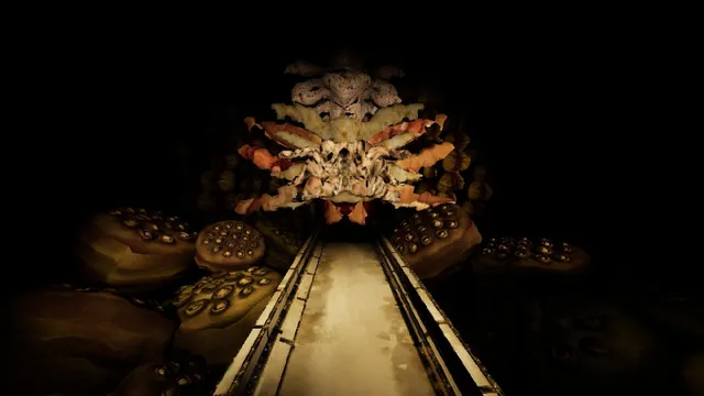 How Fish Is Made screenshot: a conveyor track running into a dark tunnel of fleshy growths and pitted lumps