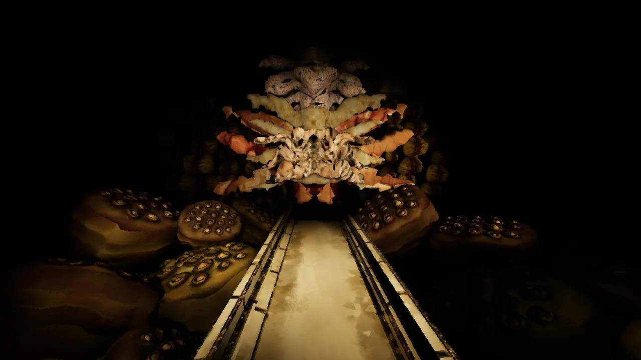How Fish Is Made screenshot: a conveyor track running into a dark tunnel of fleshy growths and pitted lumps