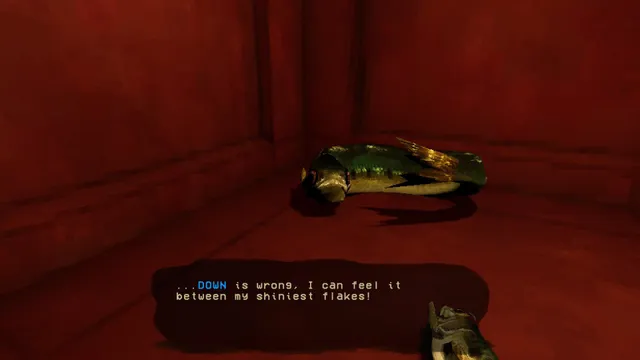 How Fish Is Made screenshot: a sardine lying in a dim red room as another fish says DOWN is wrong