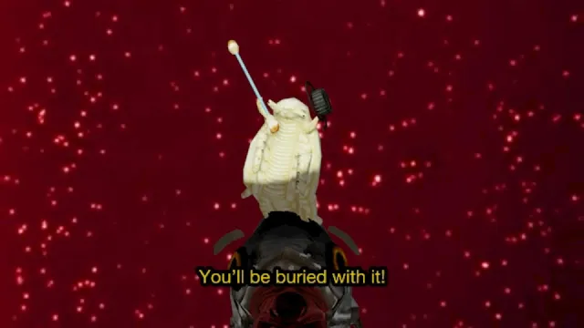 How Fish Is Made screenshot: a pale parasite with a microphone rides a fish against a red starry backdrop, singing You'll be buried with it