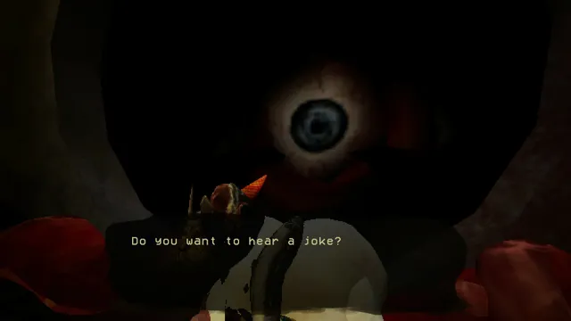How Fish Is Made screenshot: a giant eye in the darkness above a fish asking: Do you want to hear a joke?