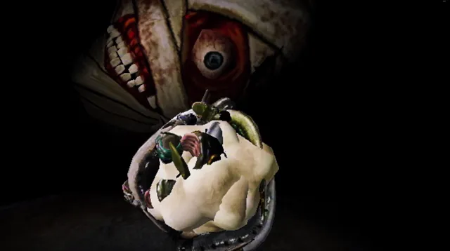How Fish Is Made screenshot: a huge fish face with bared teeth and a red eye looms over a pale fleshy mass in the dark