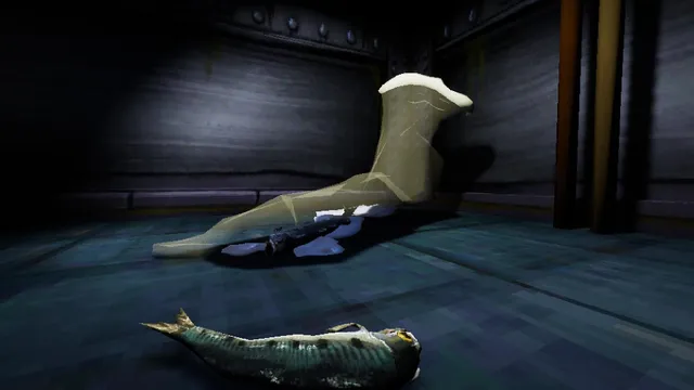 How Fish Is Made screenshot: a sardine on a dark floor beside a giant rubber boot