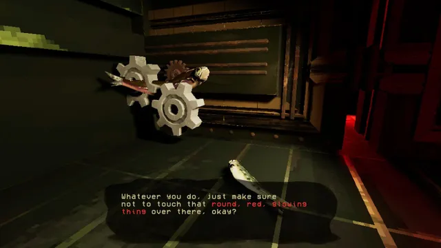 How Fish Is Made screenshot: fish caught in metal gears in a machine room, with a warning not to touch the round red glowing thing