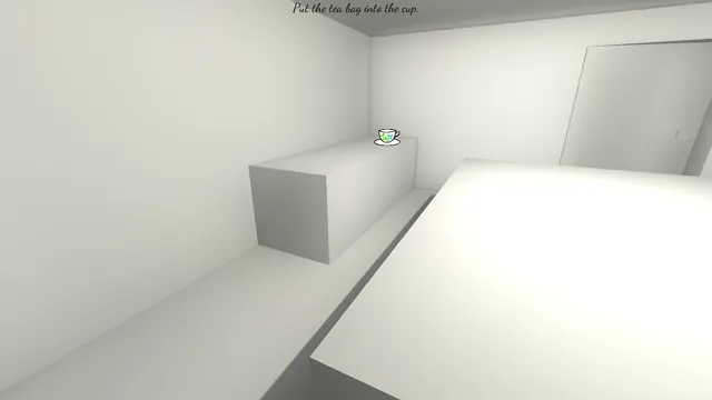 How to Make a Cup of Tea screenshot: a small teacup on a white counter in a plain white kitchen, with the instruction to put the tea bag into the cup