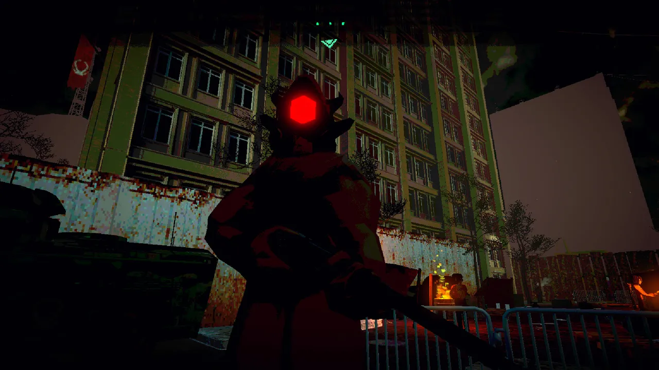 HR: Human Remains screenshot: a hooded demon guard with a single glowing red eye and a rifle stands before a ruined apartment block at night