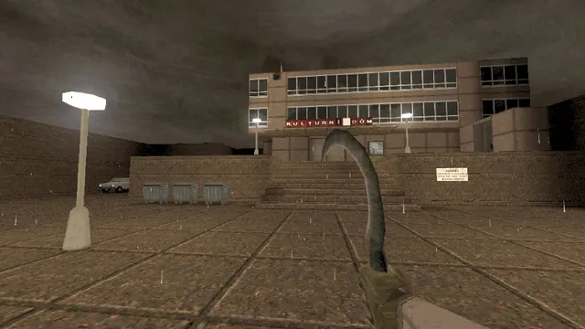 HROT screenshot: a rain-swept square before a socialist culture house, with a curved blade in hand