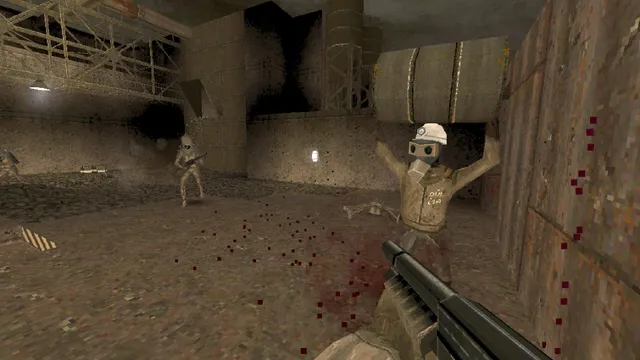 HROT screenshot: a gas-masked figure raises a barrel overhead in a blood-spattered industrial yard as the player aims a shotgun