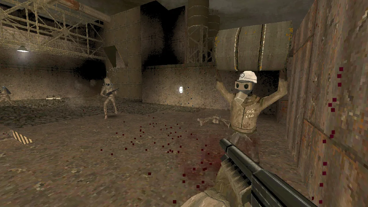 HROT screenshot: a gas-masked figure raises a barrel overhead in a blood-spattered industrial yard as the player aims a shotgun