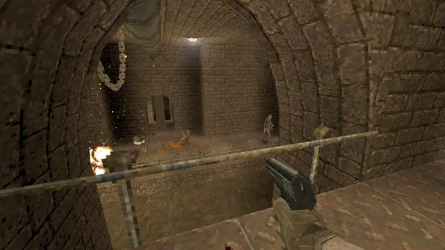 HROT screenshot: a dark brick tunnel with chains hanging from the ceiling as the player fires a pistol