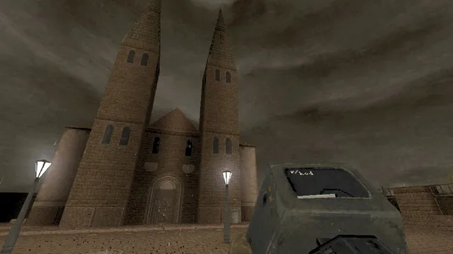 HROT screenshot: a twin-spired church under a brown, stormy sky, seen past a grey box carried in hand