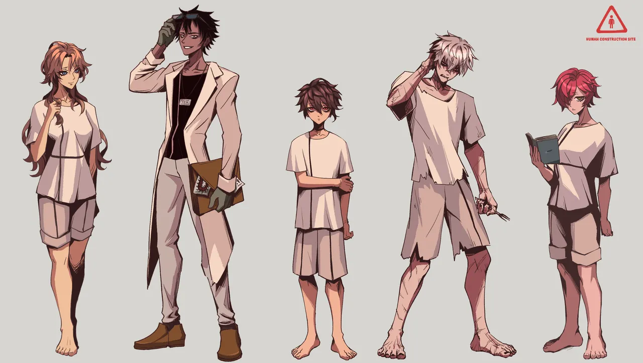 Human Construction Site character art: five barefoot characters in pale clothes, among them a man in a lab coat and a red-haired girl holding a book