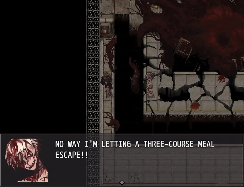 Human Construction Site screenshot: a corridor overgrown with dark red flesh as a bloodied character shouts about not letting a three-course meal escape