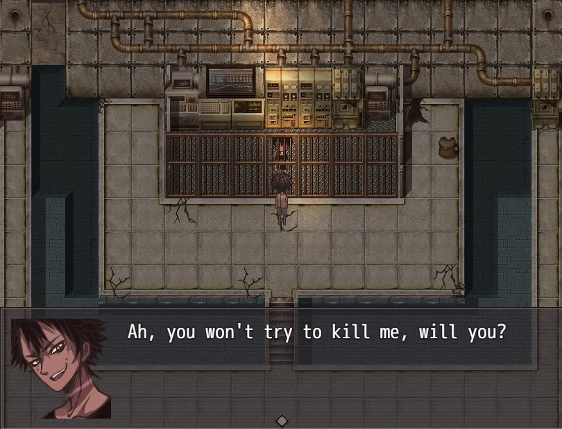 Human Construction Site screenshot: a figure stands in a dim cell block as a dark-haired man says Ah, you won't try to kill me, will you?