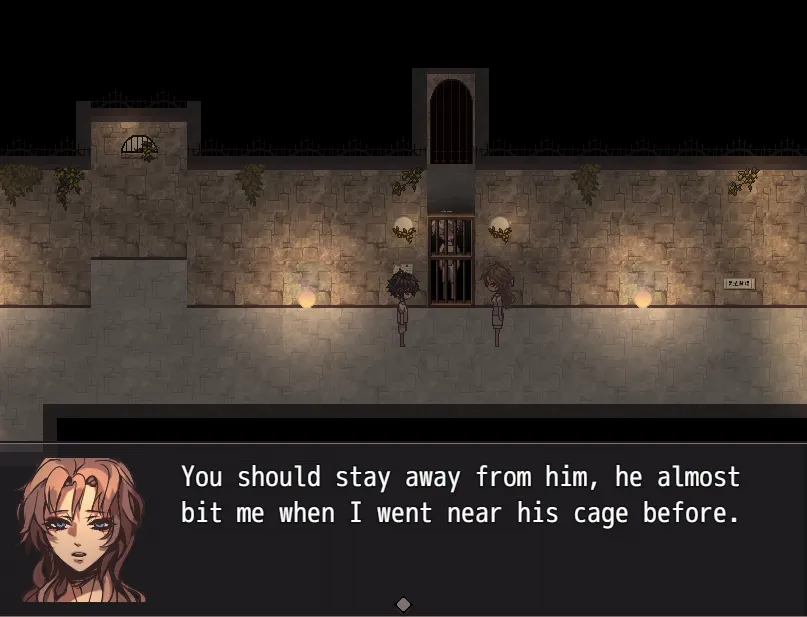 Human Construction Site screenshot: a torch-lit stone hall with cages as a woman warns to stay away from him because he almost bit her