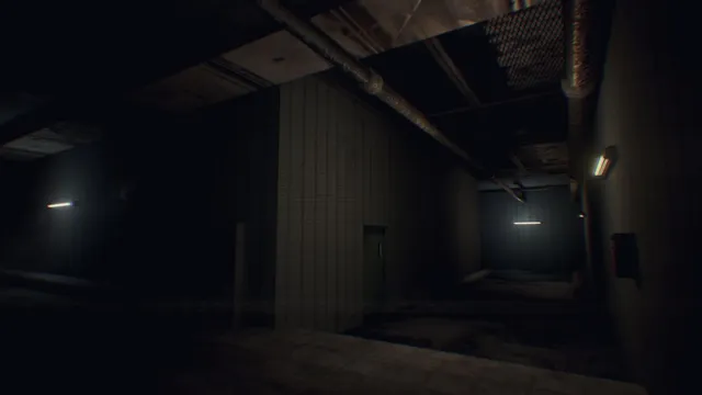 HUMAN screenshot: a dark research facility corridor with pipes overhead and a single strip light on the wall