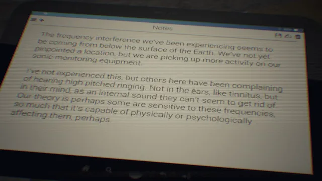 HUMAN screenshot: a tablet showing research notes about frequency interference from below the earth and a ringing in people's minds