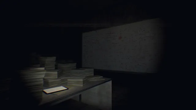 HUMAN screenshot: stacks of papers and a glowing tablet on a table in front of a whiteboard covered in writing