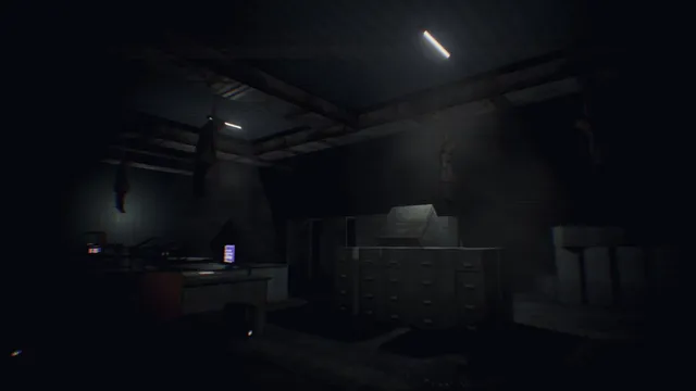 HUMAN screenshot: a dark office in the facility with filing cabinets, a desk and coats hanging from the ceiling