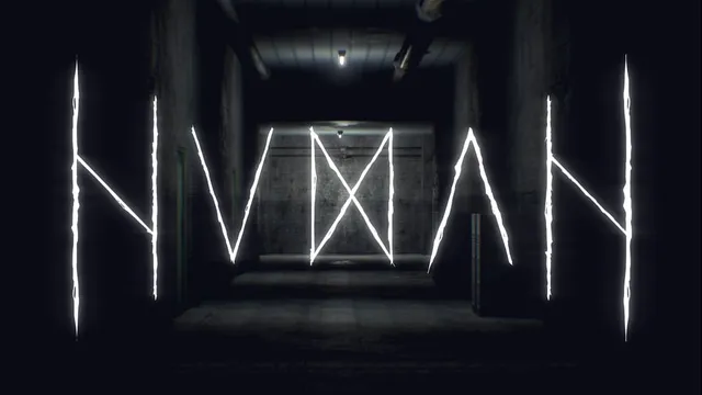 HUMAN title art: the word HUMAN in glowing, scratched white letters over a dim concrete corridor
