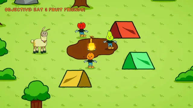 Lamu stands near a campfire where three smiling fruit-headed people wait, under the objective Eat 3 fruit friends